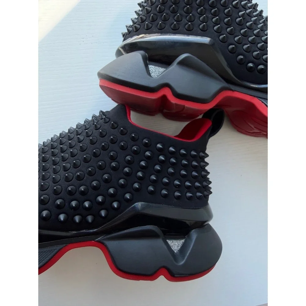 Christian Louboutin Neoprene Black Spike Sock Slip-On Sneakers Red Sole EU 38